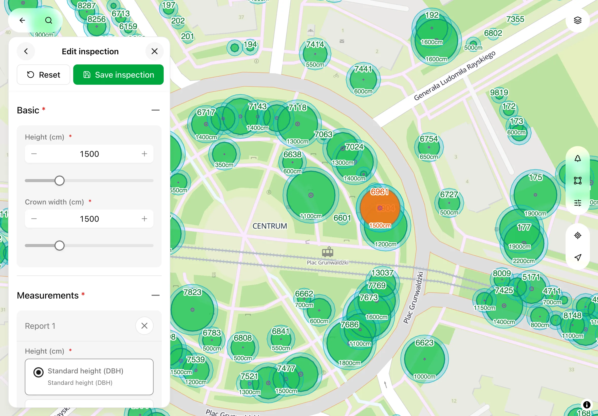 TreeAgent application interface showing a map with trees and an inspection panel