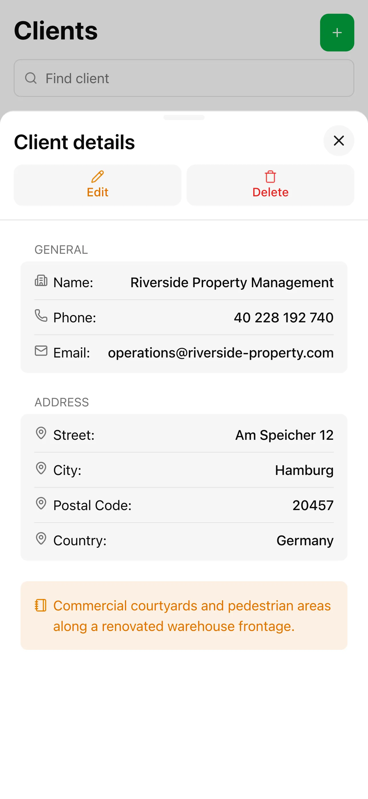 Client details with projects and history
