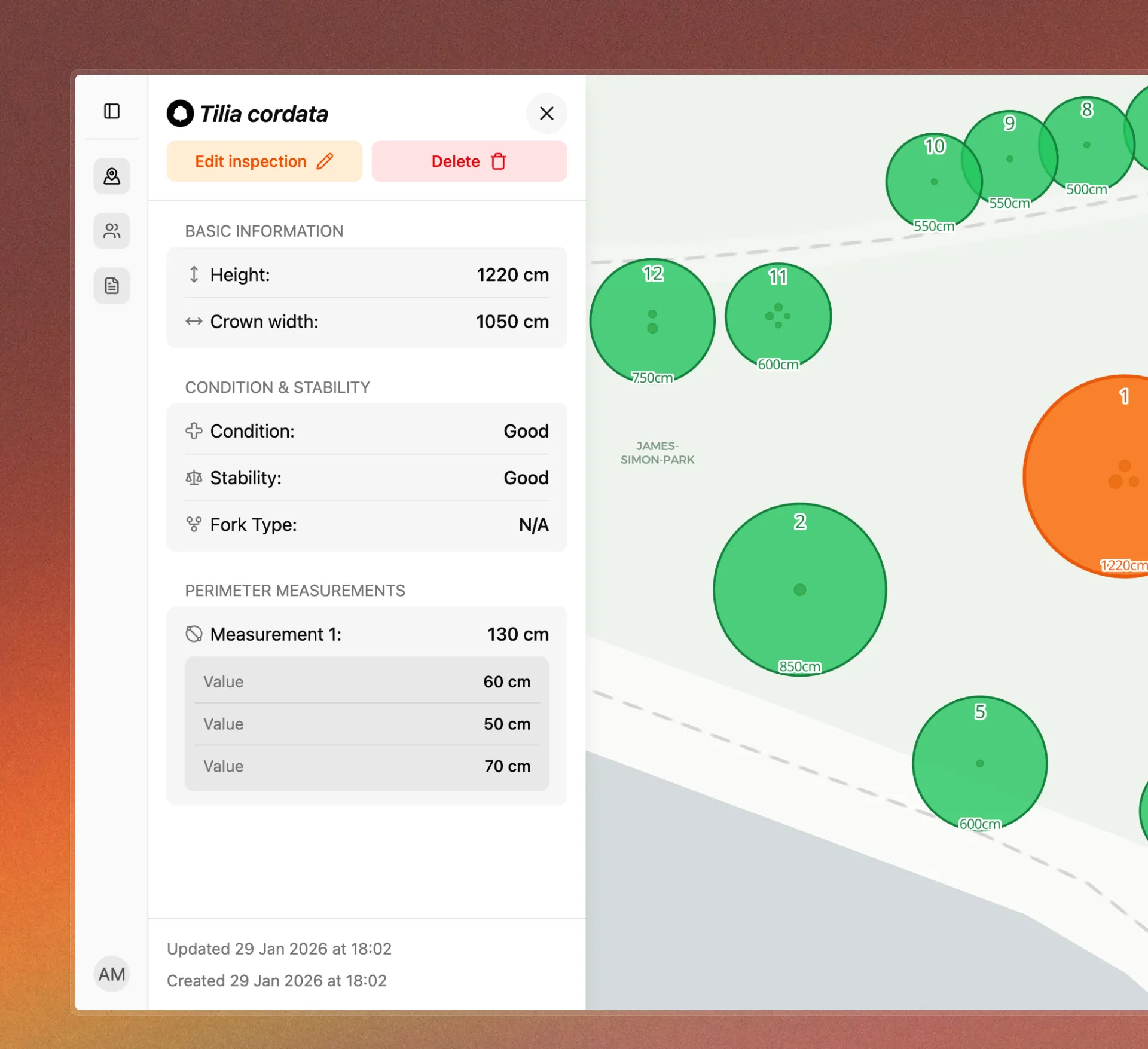 Interfejs aplikacji TreeAgent pokazujący mapę z drzewami i panel inspekcji
