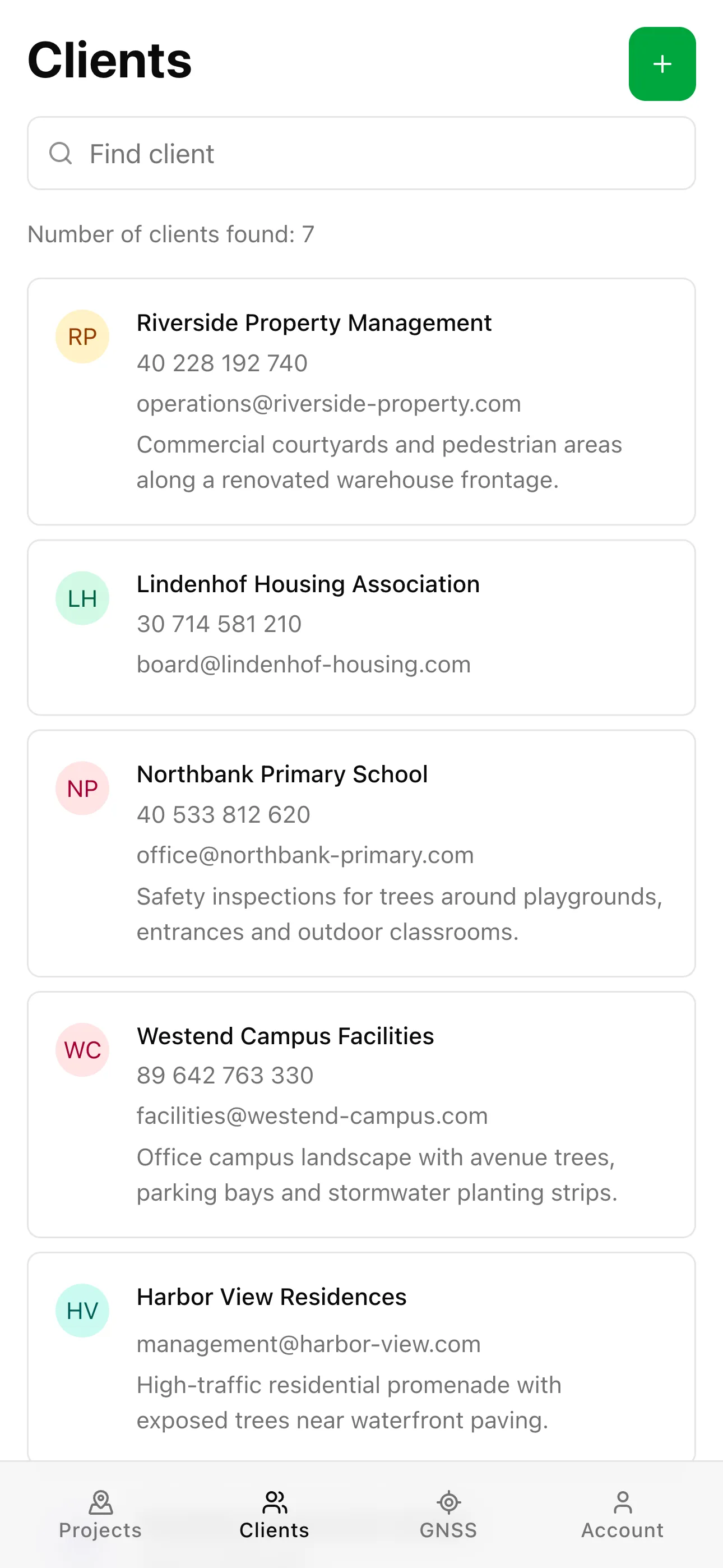 List of clients in the TreeAgent app