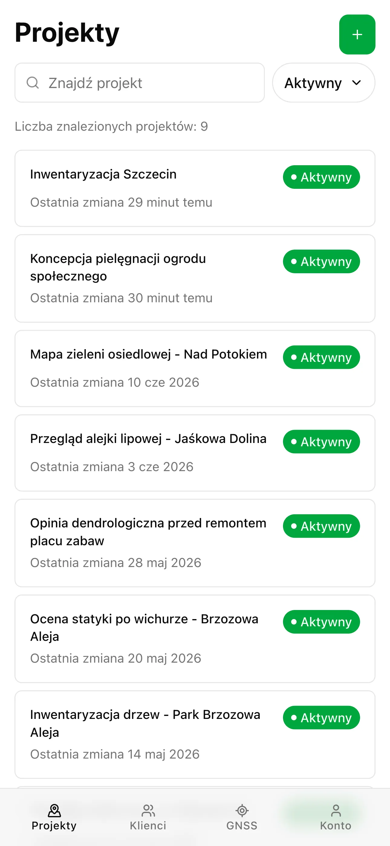 Lista projektów w aplikacji TreeAgent