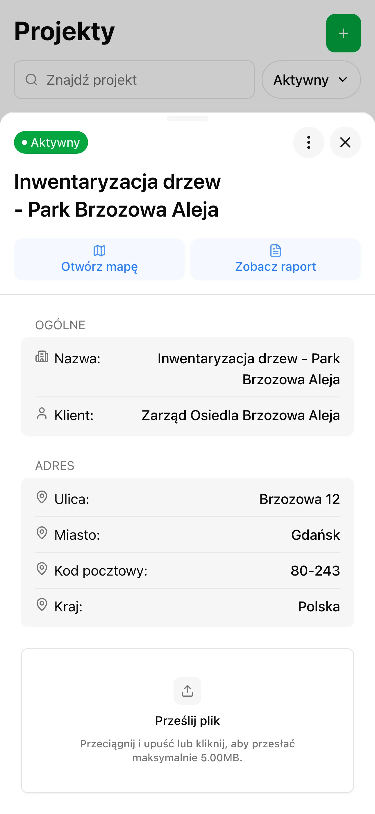 Interfejs aplikacji TreeAgent pokazujący mapę z drzewami i panel inspekcji