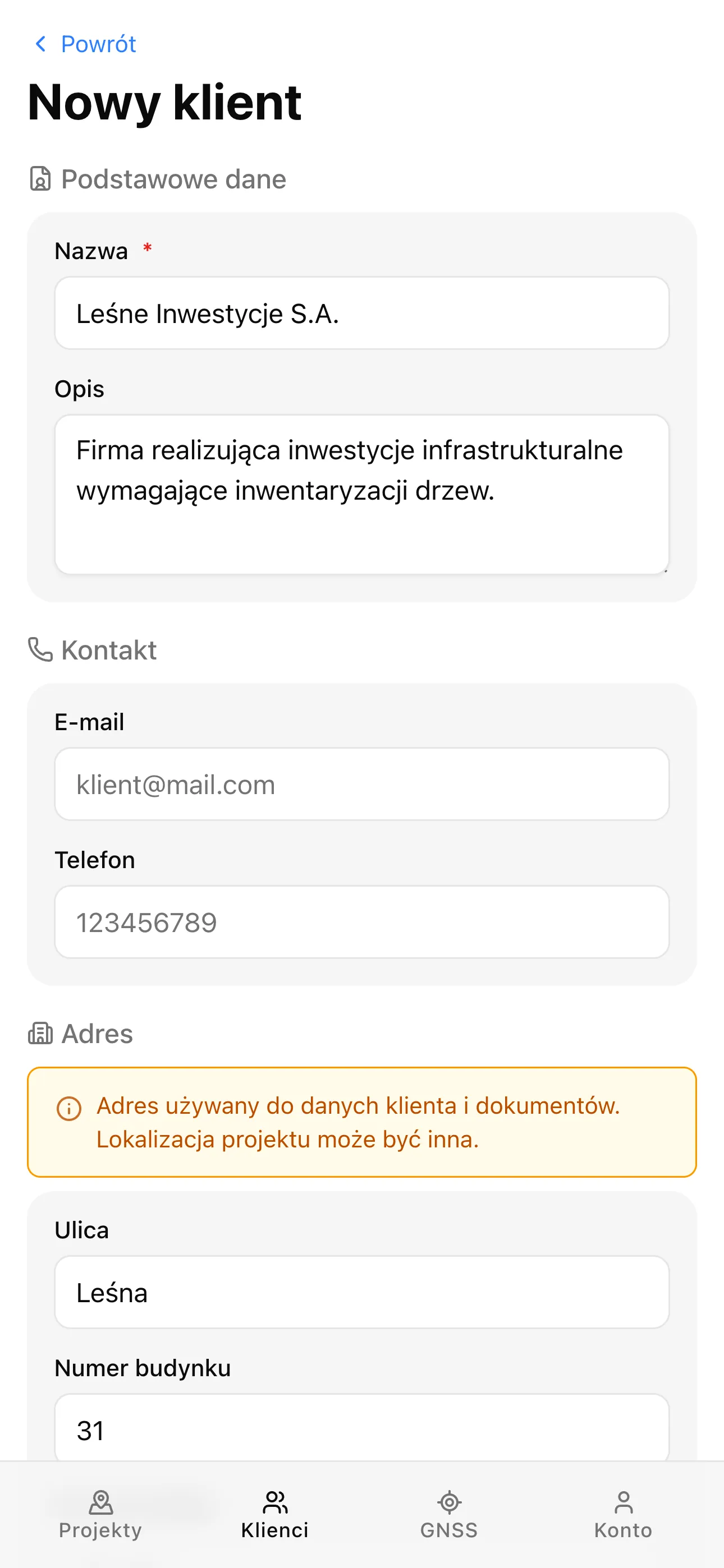 Formularz dodawania nowego klienta