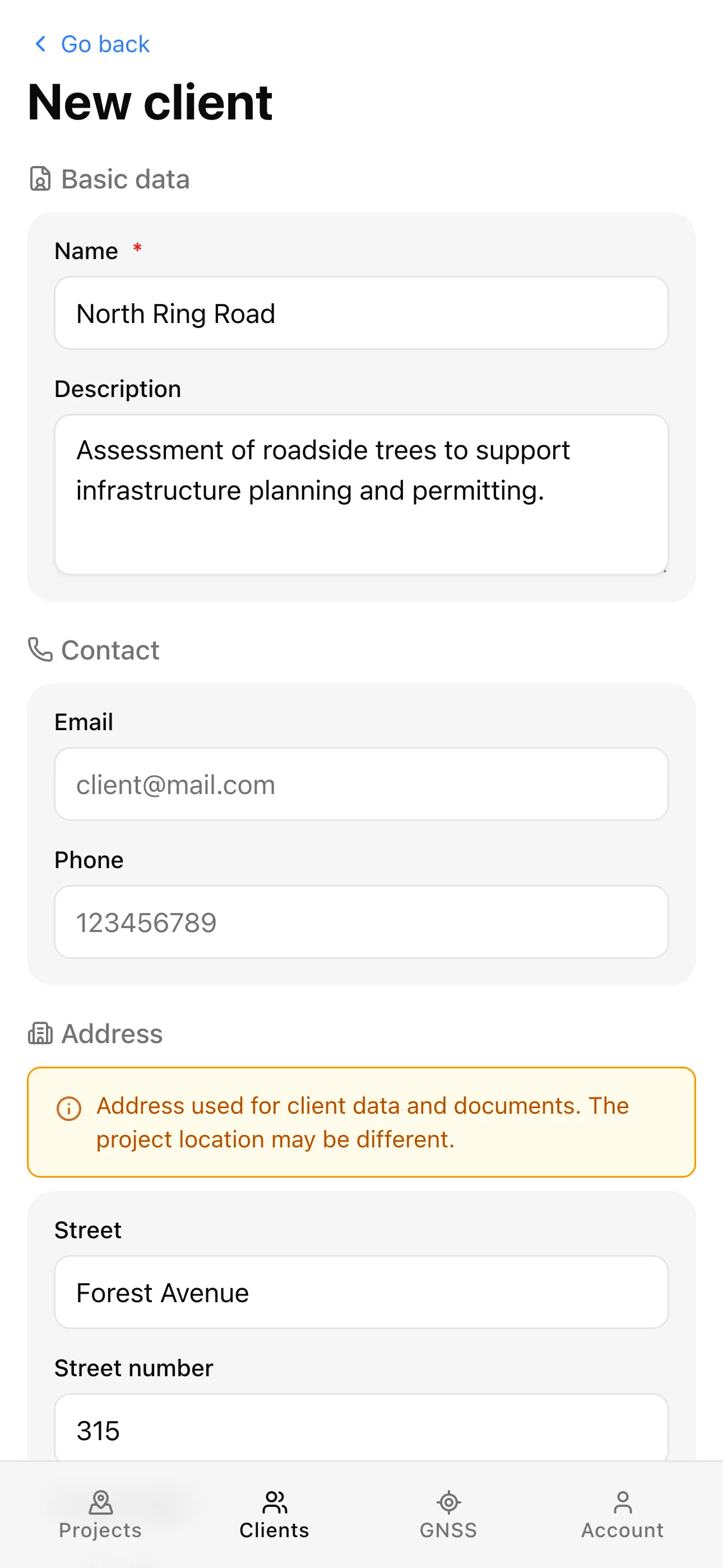 New client creation form