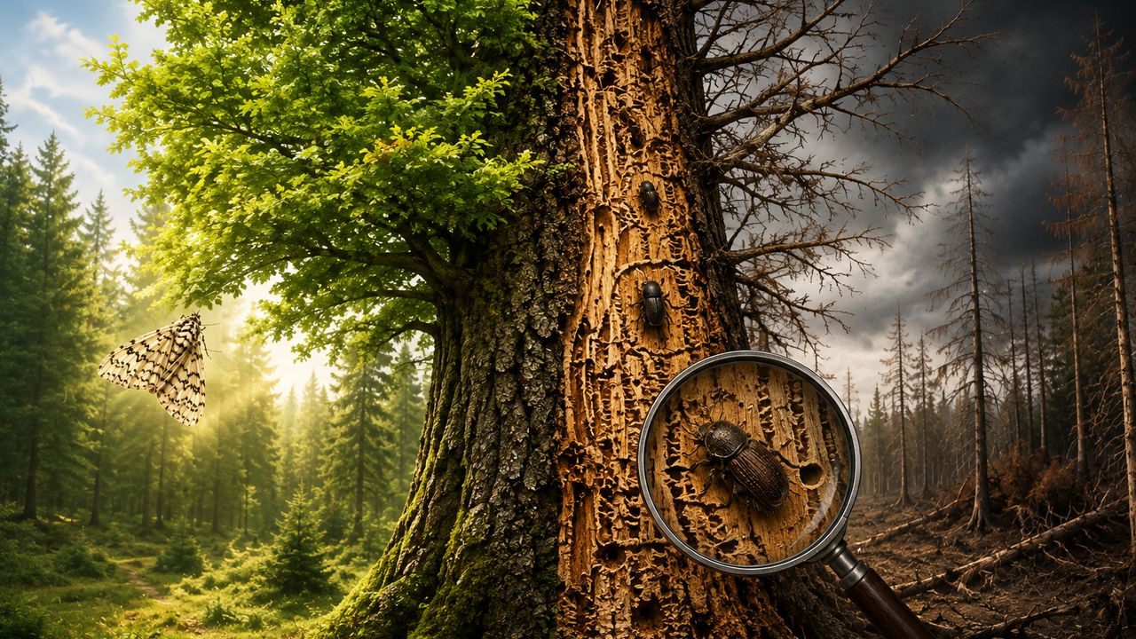 Photo of a tree with a cavity showing signs of bark beetle feeding.