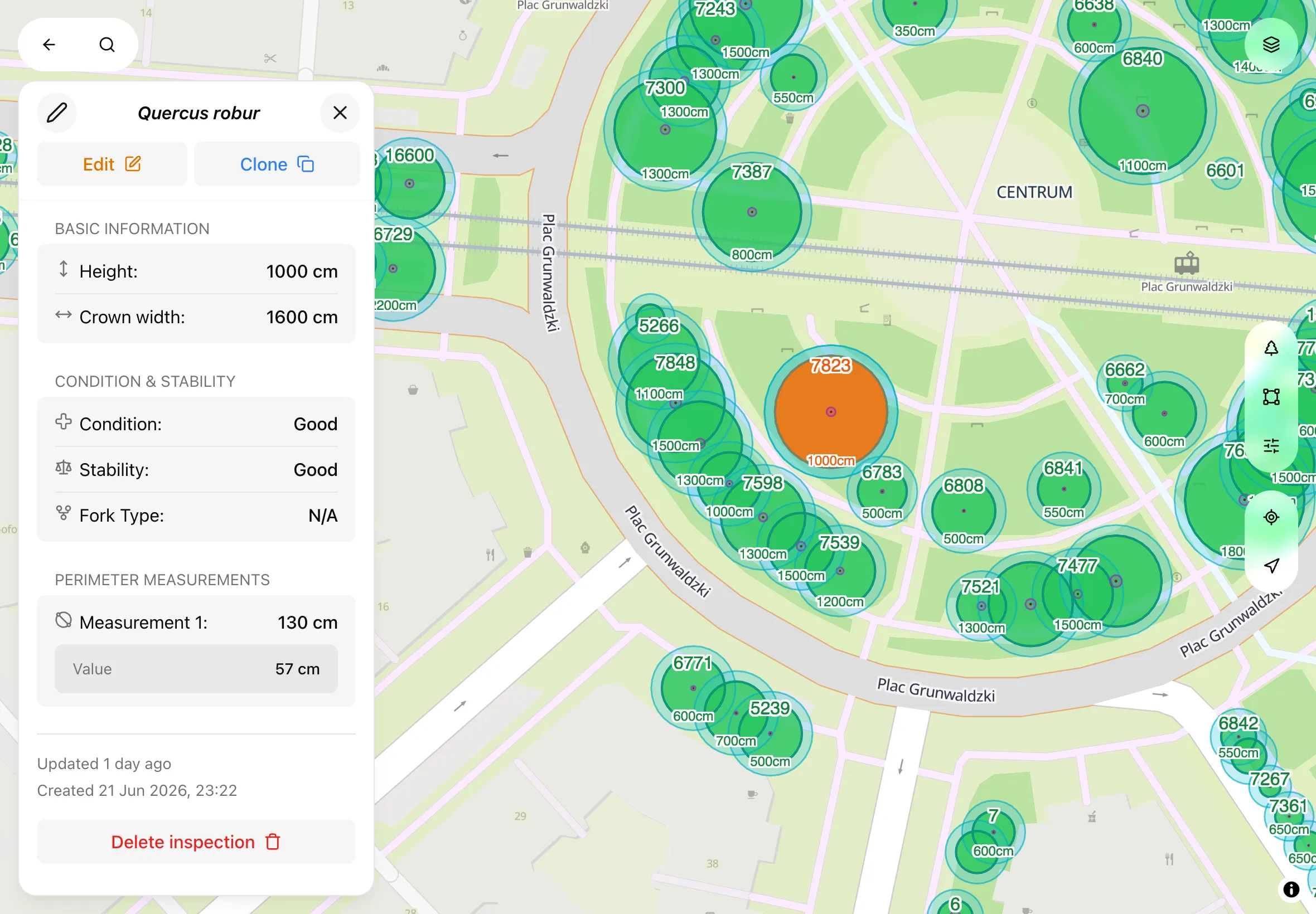 Trees view with location and inspection history